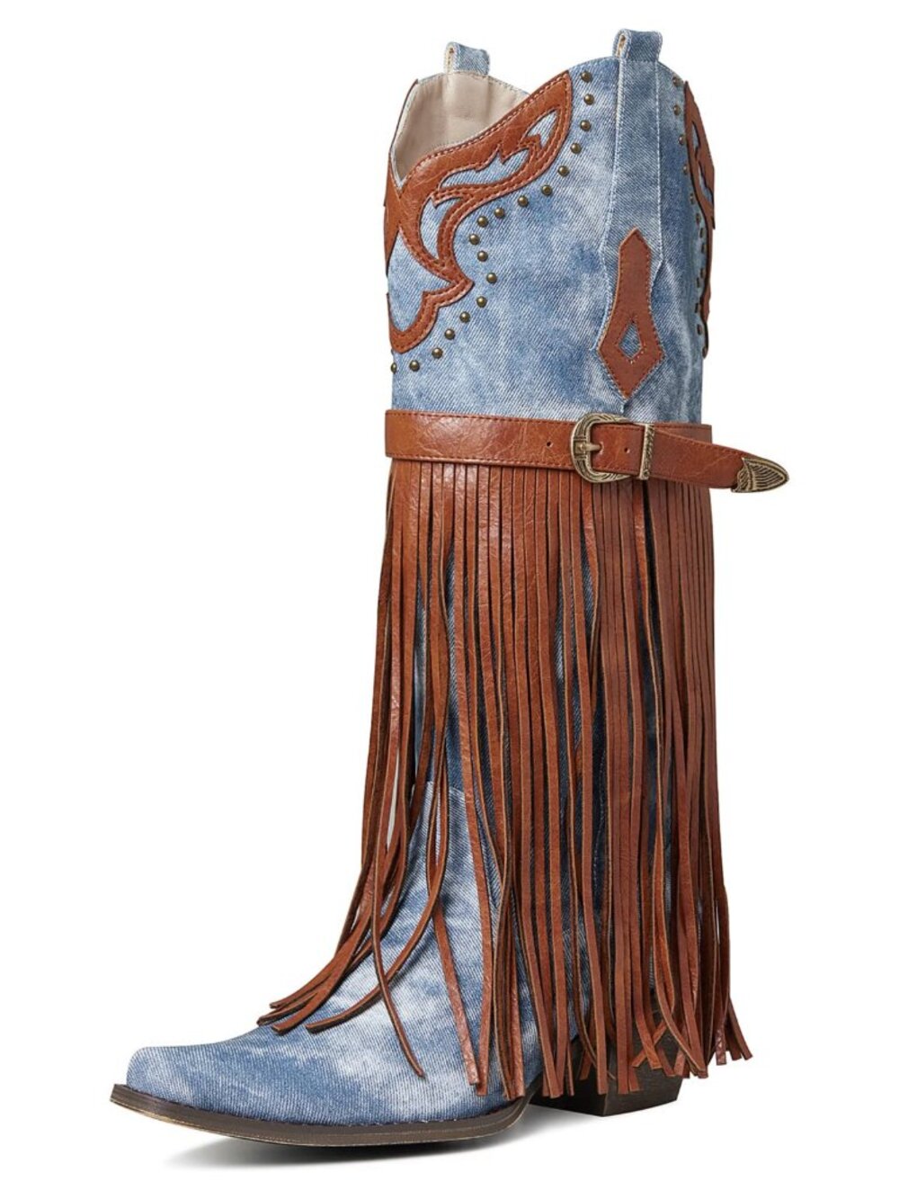 Women's Western Bootie Pointed Toe Chunky Heel Fringe Embroidered Pull-On Mid